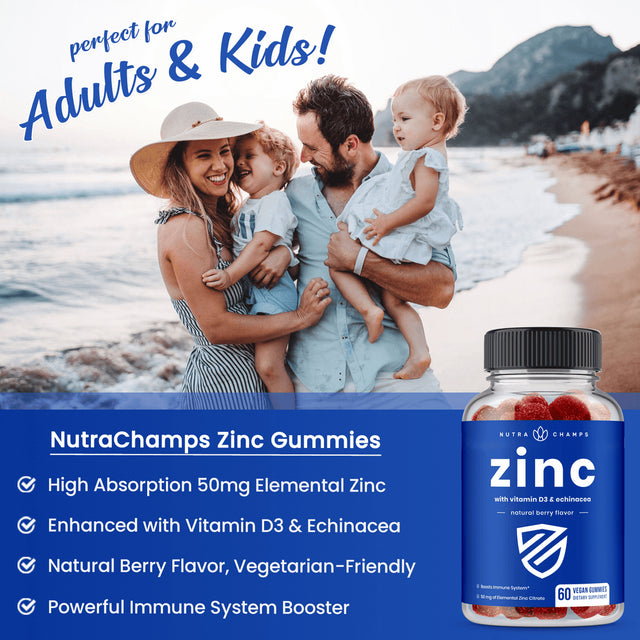 Nutrachamps Zinc Gummies | Immune Support Gummies for Adults & Kids | Zinc 50Mg Gummy Vitamins Supplement with Vitamin D3 & Echinacea | Non-Gmo Immune Booster | 25Mg per Chewable Zinc, 60 Count