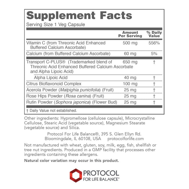 Protocol Protosorb Vitamin C 500Mg - Immune System Boost - Calcium, Rose Hips, Rutin - 100 Veg Caps