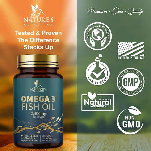 Fish Oil 2400 Mg with Omega 3 EPA & DHA - Triple Strength Omega 3 Supplement - Omega 3 Fish Oil Supports Heart Health, Nature'S Brain & Immune Support - Non-Gmo Fish Oil Supplements - 120 Softgels