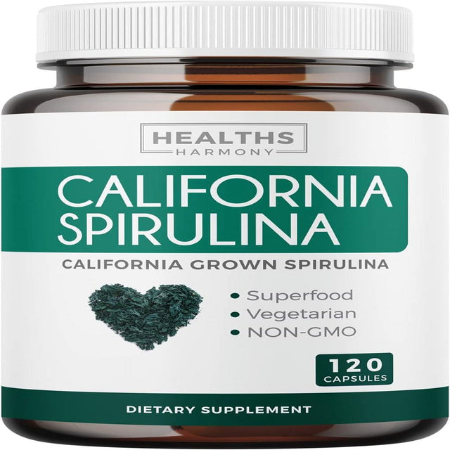 Healths Harmony California Spirulina Capsules (NON-GMO) 120 Vegetarian Capsules 500Mg - Blue Green Algae Superfood from Spirulina Powder Gluten Free & Non-Irradiated - No Tablets