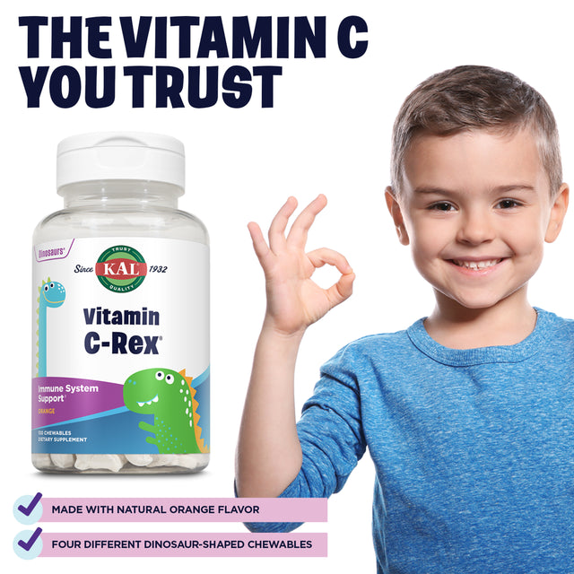 KAL C-Rex Vitamin C 100Mg | Supplement for Kids | Tasty Orange Chewables, No Fructose | with Bioflavonoids from Rose Hips, Rutin & Acerola | 100Ct