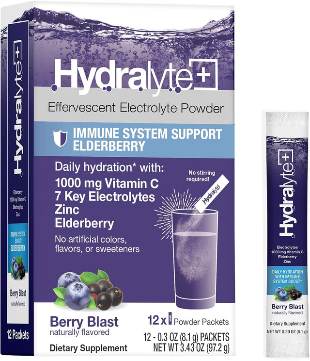 Hydralyte Electrolytes plus Immunity, Elderberry - Low Sugar Rapid Rehydration Powder - Lightly Sparkling Electrolyte Powder Packets with 1,000Mg Vitamin C and 300 Mg Elderberry (8Oz Serve, 12 Count)