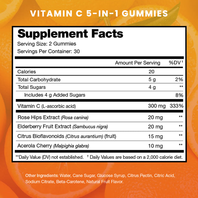 Nutrachamps Vitamin C Gummies for Adults & Kids | 5-In-1 Immune System Support with Elderberry, Rosehips, Citrus Bioflavonoids & Acerola Cherry | Vegan Non-Gmo Immune Booster Supplement Chewable Gummy