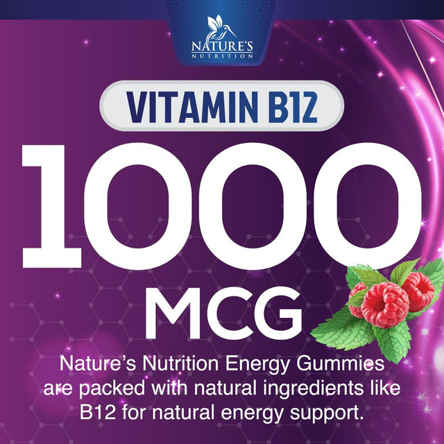 Energy Gummies Vitamin B12, Green Tea and Guarana Extract, Daily Energy Vitamin Supplement, Delicious Raspberry Flavor Gummy Chewable Supplement for Men and Women, Non-Gmo and Vegan - 120 Gummies