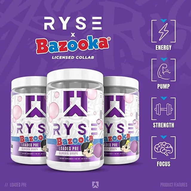 RYSE Supplements Loaded Pre Workout, Bazooka Grape, 30 Servings