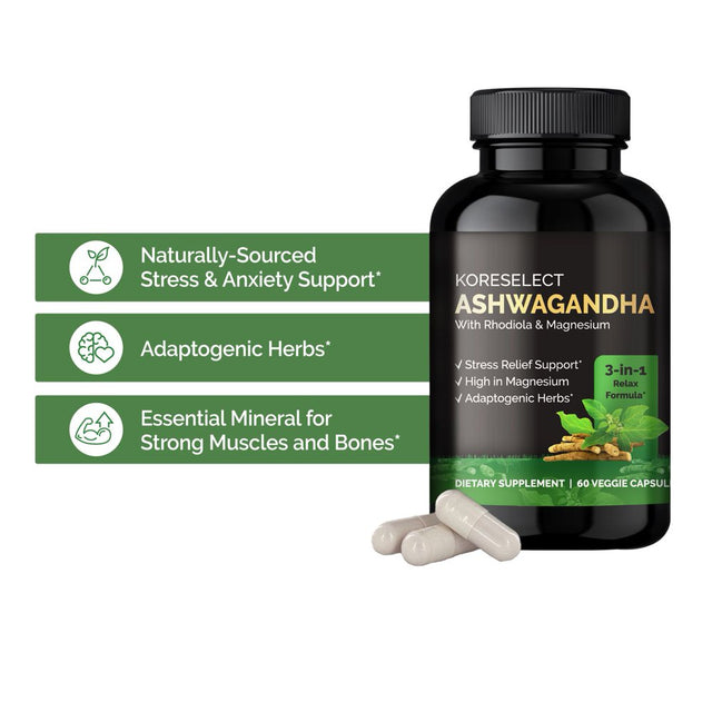 KORESELECT Ashwagandha Capsules with Magnesium & Rhodiola Rosea - 5% Withanolides, Natural Mood Relief, Adaptogens Supplement, Boost Energy & Focus - Vegan 60 Caps