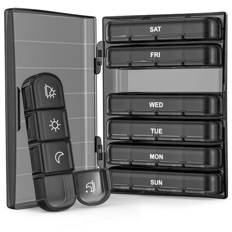 AUVON Weekly Pill Organizer 4 Times a Day, Large Daily Pill Box 7 Day Portable for Travel, Light-Proof Pill Case (Black)