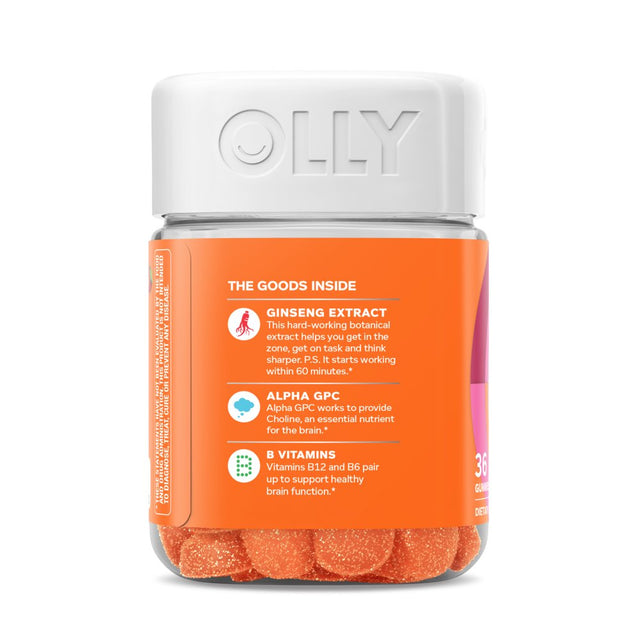 OLLY Laser Focus Gummy, Ginseng, Alpha GPC, B Vitamin, Supplement, Berry Tangerine, 36 Ct