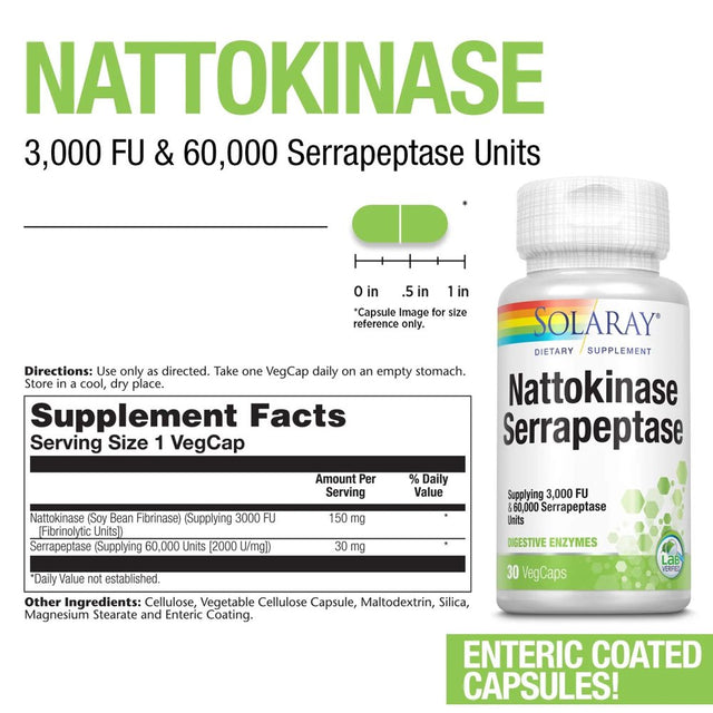 Solaray Nattokinase & Serrapeptase Supplement | 3,000 FU | Healthy Circulation, Blood Flow Support | 30 Vegcaps