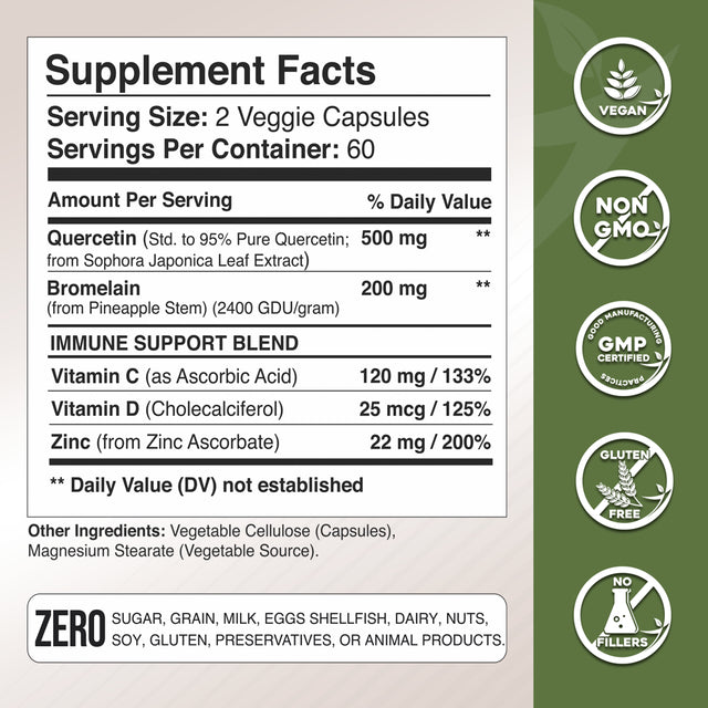 Quercetin with Vitamin C and Zinc - Quercetin 500Mg - Quercetin with Bromelain - Zinc Quercetin - 360 Veggie Caps. Daily Supplement with Vitamin D3 (Non-Gmo, Gluten-Free, Vegan) 6 Month Supply