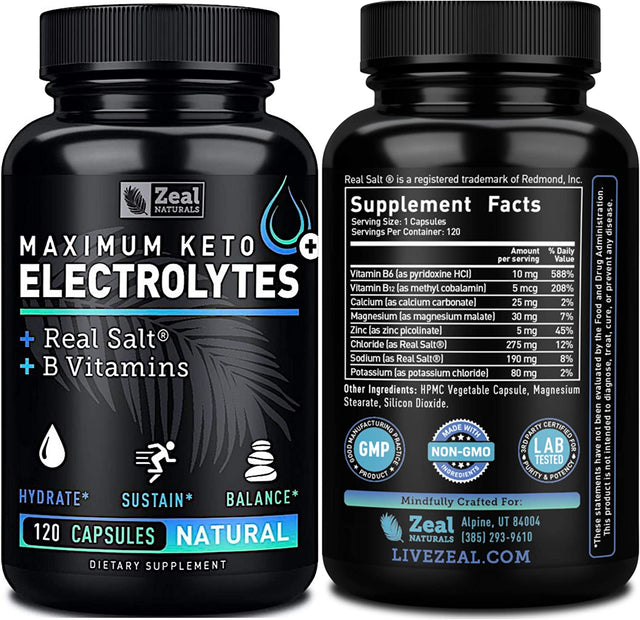 Keto Electrolyte Supplement (120 Capsules) Maximum Keto Electrolytes Supplements Pills W Real Salt®, B Vitamins, Magnesium and Potassium Supplement - Salt Pills & Electrolyte Tablets