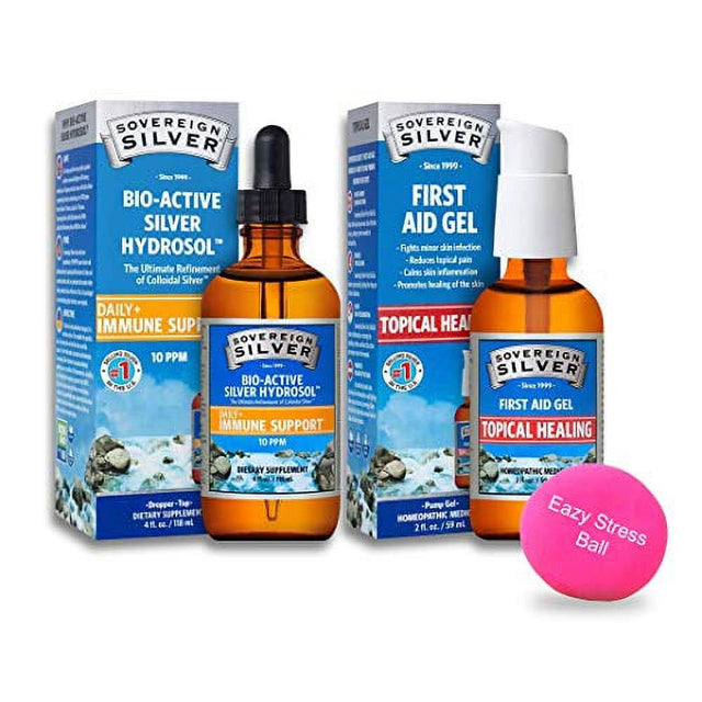 Sovereign Silver Bio-Active Silver Hydrosol for Immune Support - 10 Ppm, 4Oz (236Ml) Dropper plus 2Oz First Aid Gel - Homeopathic Medicine - plus Stress Bal