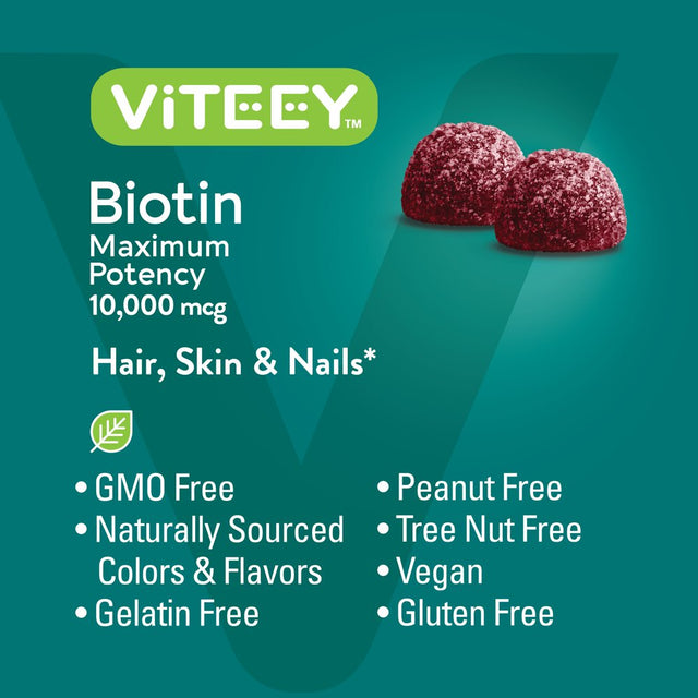 VITEEY Biotin Gummies 10,000 Mcg, Supports Hair, Skin, & Nails, Raspberry Flavor, 60 Count (Pack of 1)