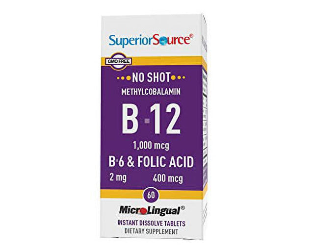 Superior Source No Shot Vitamin B12 Methylcobalamin (1000 Mcg), B6, Folic Acid, Quick Dissolve Sublingual Tablets, 60 Ct, Increase Energy, Healthy Heart, Boost Metabolism, Stress Support, Non-Gmo