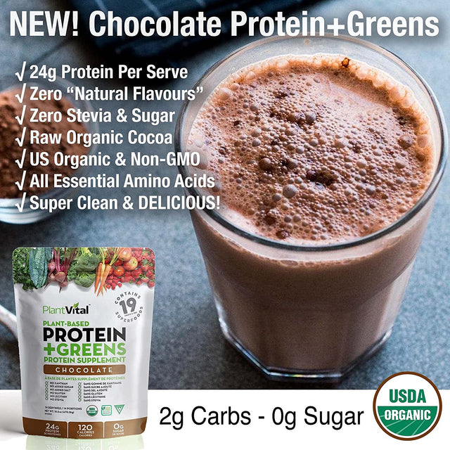 Plantvital Vegan Protein Powder Plant Based - Organic Protein Powder Chocolate - 24G/0G Sugar, 18 Superfoods, Probiotics, Raw Cocoa, Pea, Gluten-Free, Keto-Friendly, 16Oz