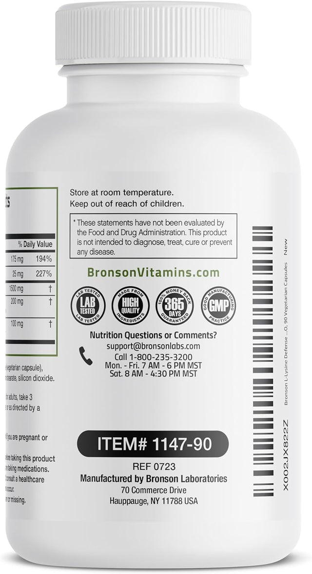 Bronson L-Lysine Defense Immune Support Complex 1500 MG L-Lysine plus Olive Leaf, Garlic, Vitamin C and Zinc - Non-Gmo, 90 Vegetarian Capsules