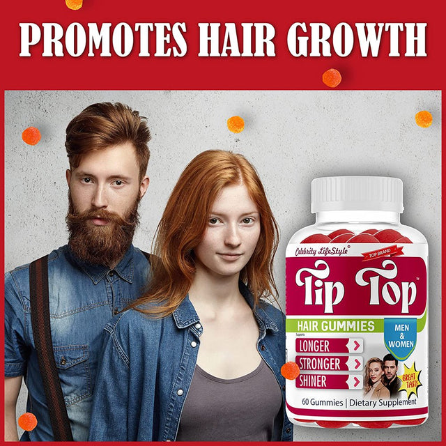 Tiptop Hair Vitamins Gummies with Biotin, Vitamin E & C Support Hair Growth Gummy, Premium Vegetarian Non-Gmo, for Stronger, Beautiful Hair, Skin & Nails 60 Ct