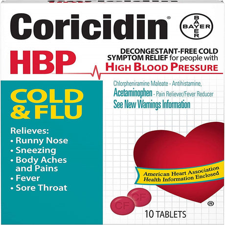 Coricidin HBP Cold & Flu Acetaminophen Pain Reliever, 10 Ct, 2 Pack