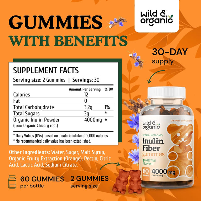 Wild & Organic Inulin Fiber Gummies - Inulin Fiber Supplement Gummies for Digestion Health - Prebiotic Fiber Gummies for Adults from Organic Chicory Root - Vegan, 4000Mg, 60 Chews