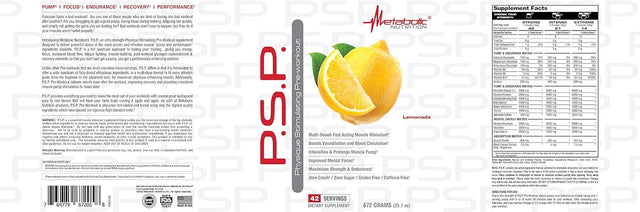 Metabolic Nutrition P.S.P. Physique Stimulating Preworkout 672G Zero Sugar Caffeine Free (Lemonade)