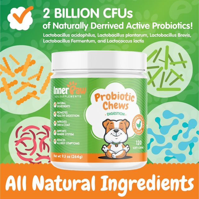 Inner Paw Probiotic Chews for Dogs - Digestive Enzymes - Diarrhea - Bad Breath - Gut & Immune Health - Probiotic and Prebiotic Supplement - 120 Soft Chews