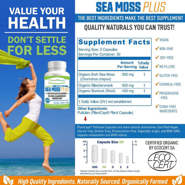 Power by Naturals: Organic Sea Moss and Leptin Detox Bundle - 60 Vegan Capsules Each - Plant-Based, Gluten-Free Supplement for Immune Enhancement and Natural Cleansing