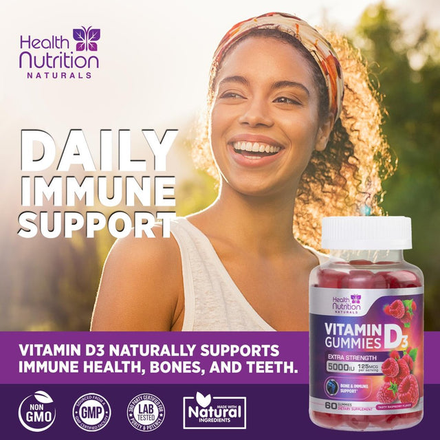 Vitamin D3 Gummies 5000 IU (125 Mcg), Bone & Immune Support Vitamin D Gummy Dietary Supplement for Teeth & Muscle Support, Nature'S Berry Vitamin D Supplement, Non-Gmo - 60 Gummies