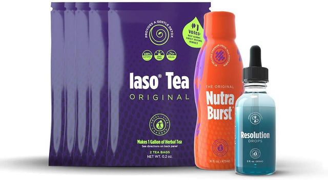 Solution Kit IASO Natural Herbal Detox Tea Bags & Nutraburst Multivitamin Liquid 16 Fl. Oz - 473 Ml & Resolution Drops 2 Fl. Oz - 60 Ml