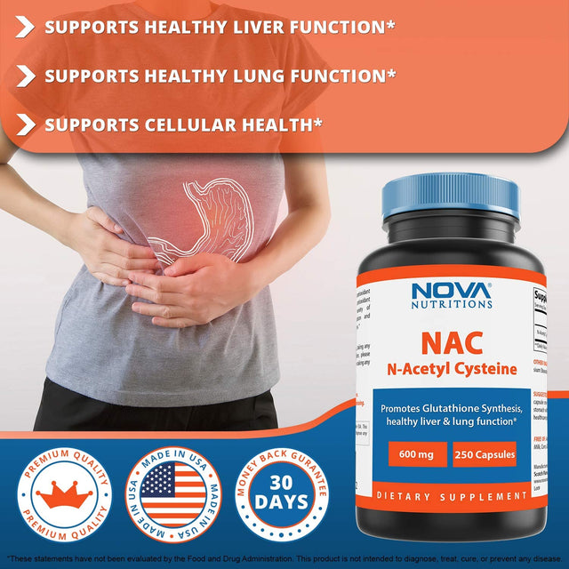 Nova Nutritions N-Acetyl L-Cysteine (NAC) 600Mg - 250 Capsules (Non-Gmo & Gluten Free)