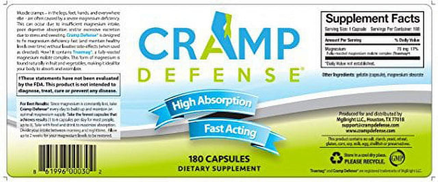 Cramp Defense® Magnesium for Leg Cramps, Muscle Cramps & Muscle Spasms. End Them Fast and Permanently. Organic Magnesium, Non-Laxative, NO Magnesium Oxide or Herbs! Big 180 Capsule Bottle.