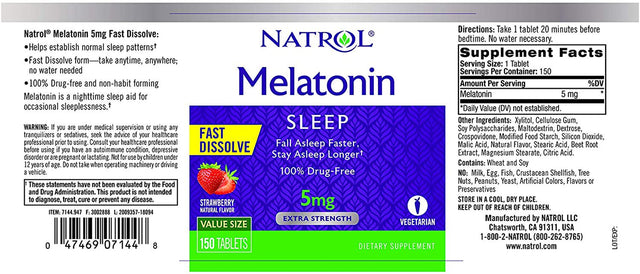 Natrol, Melatonin, Fast Dissolve, Extra Strength, Strawberry, 5 Mg, 150 Tablets