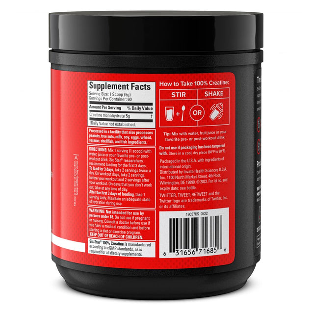 Six Star 100% Creatine Powder, Supports Muscles, Strength and Performance, 10.58 Oz, 60 Servings