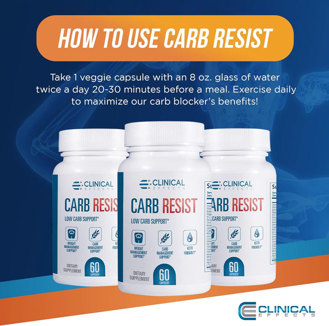 Clinical Effects Carb Resist - Carb Blocker with Vitamin C - 60 Capsules - Ideal for Keto or Low Carb Lifestyle - Supports Heart Health and Weight Management - Plant-Based