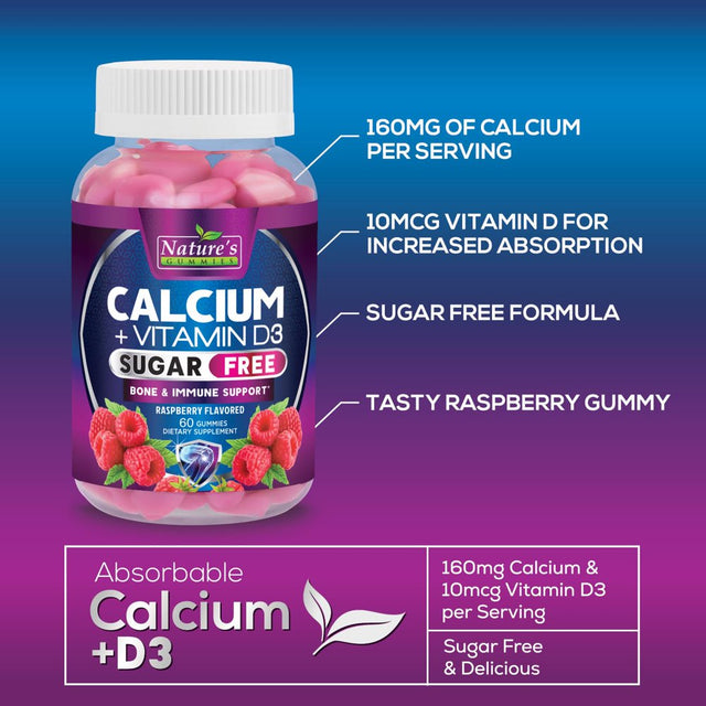 Sugar Free Calcium Gummy Bites plus 400 IU Vitamin D3, Bone Health & Immune Support, Supports Bone Strength - Chewable Calcium Nutrition Supplement, Non-Gmo, Berry Flavor Chews - 60 Gummies