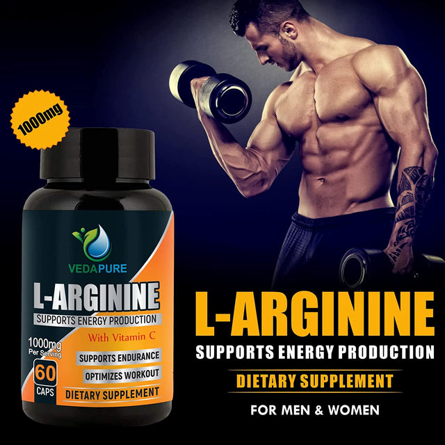 Natural L-Arginine Nitric Oxide Booster Supplement for Energy, Muscle Growth, Heart Health, Vascularity & Double Strength - 60 Capsules