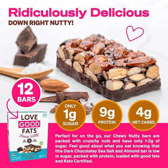 Love Good Fats Plant-Based Keto Protein Snack Bars - Dark Chocolate Sea Salt and Almonds - 13G Good Fats, 9G Protein, 4G Net Carbs, 1G Sugar, Gluten-Free, Non GMO - Dark Chocolatey Sea Salt & Almonds, 12 Pack