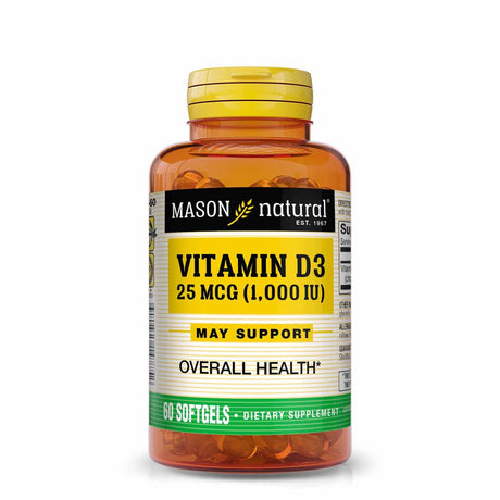 Mason Natural Vitamin D3 25 Mcg (1000 IU) - Supports Overall Health, Strengthens Bones and Muscles, from Fish Liver Oil, 60 Softgels