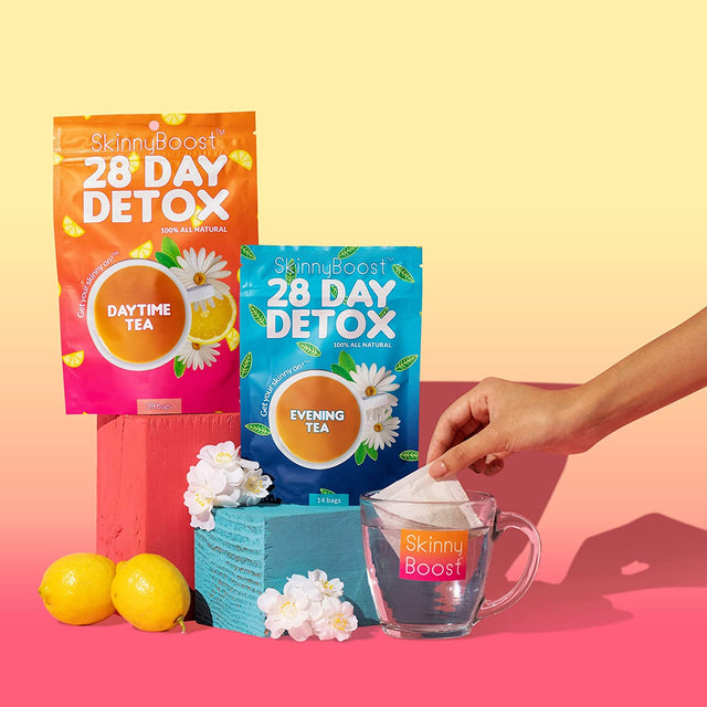 Skinnyboost 28 Day Detox Tea Kit: 1 Daytime Tea (28 Bags) 1 Evening Detox Tea (14 Bags) Non GMO, Vegan, All Natural Detox and Cleanse plus Youth Boost Multi-Collagen Powder