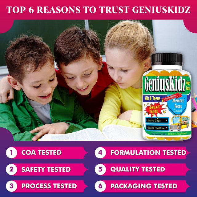 Geniuskidz Brain Focus Supplement Kids Focus and Attention Supplements Brain Booster Vitamins for Kids,Omega 3 Gummies for Kids & Teens- 60Ct