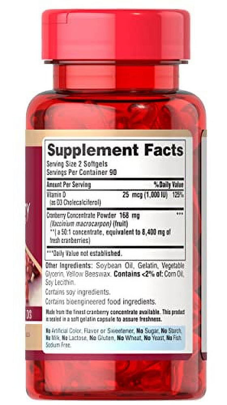 Puritan'S Pride Cranberry Fruit Concentrate plus Vitamin D3-180 Softgels