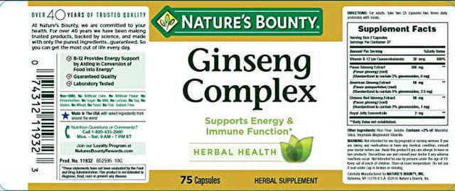 Ginseng by Nature'S Bounty, Ginseng Complex Capsules Supports Vitality & Immune Function, 75 Capsules