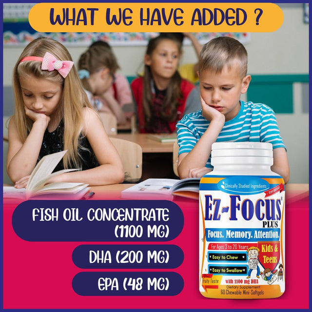 Ez Focus plus Brain Booster Kids Supplements, Support Kids Focus and Attention, Memory, Concentration, Clarity, Focus Supplement for Children and Teens, Brain Support Kids Memory Vitamins- 60 Ct