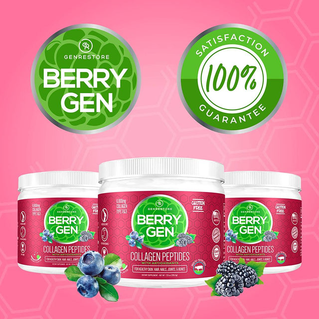 Berry Gen: Restore Collagen Powder with Antioxidants from Blackberry and Blueberry Extracts - 60 Servings - Natural Dual Action Formula - Supports Joints, Hair, Skin, and Nails - Made in the USA