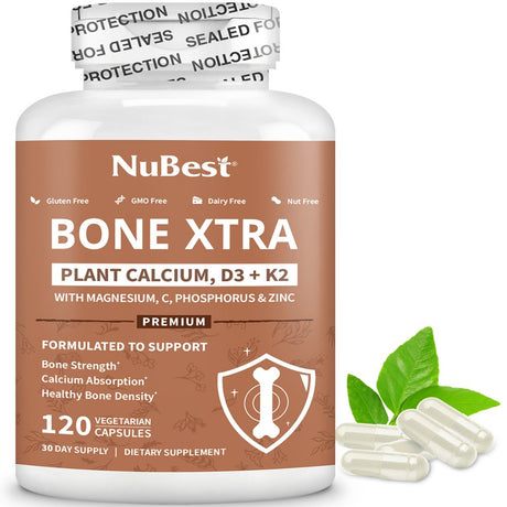 Bone Xtra by Nubest, Complete Bone Strength Formula for Adults & Teens with Plant Calcium, D3+K2, Magnesium, Phosphorus & Zinc, 120 Vegan Capsules