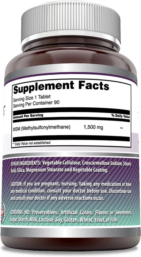 Amazing Formulas MSM (Methylsulfonylmethane) Dietary Supplement 1500Mg, 90 Tablets (Non-Gmo, Gluten Free) per Bottle - Promotes Joint Health, Detoxification, Supports Healthy Hair, Skin and Nails