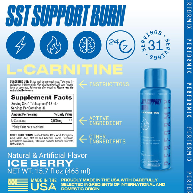 PERFORMIX - SST Support Burn - Fast-Acting L-Carnitine Liquid - Converts Cells into Energy - Improves Memory & Focus - Metabolism Support - Stim Free - for Men & Women - Ice Berry - 31 Servings