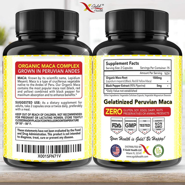 X Gold Health Organic Maca Root Powder Capsules Black, Yellow & Red Maca Pills 1500 Mg, 150 Count