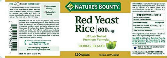 Nature'S Bounty Red Yeast Rice Pills and Herbal Health Supplement, Dietary Additive, 600Mg, 120 Capsules 120 Count (Pack of 1)