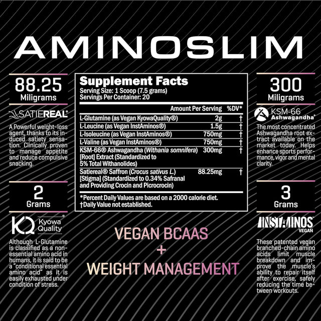 Amino Slim - Slimming BCAA Weight Loss Drink for Women, Vegan Amino Acids & L-Glutamine Powder for Post Workout Recovery & Fat Burning | Daily Appetite Suppressant, Metabolism Booster & Stress Relief