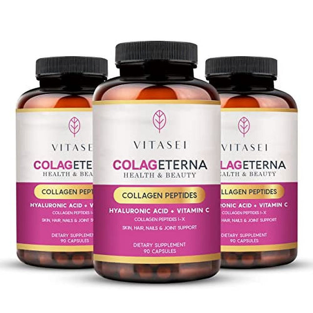 Vitasei Colageterna Collagen Peptides Capsules, Keto Pills Brain Booster Supplement W/Hyaluronic Acid, Vitamin C, Hydrolyzed Collagen Proteins for Healthy Skin, Gut Health & Joints, 90 Capsule (3Pack)